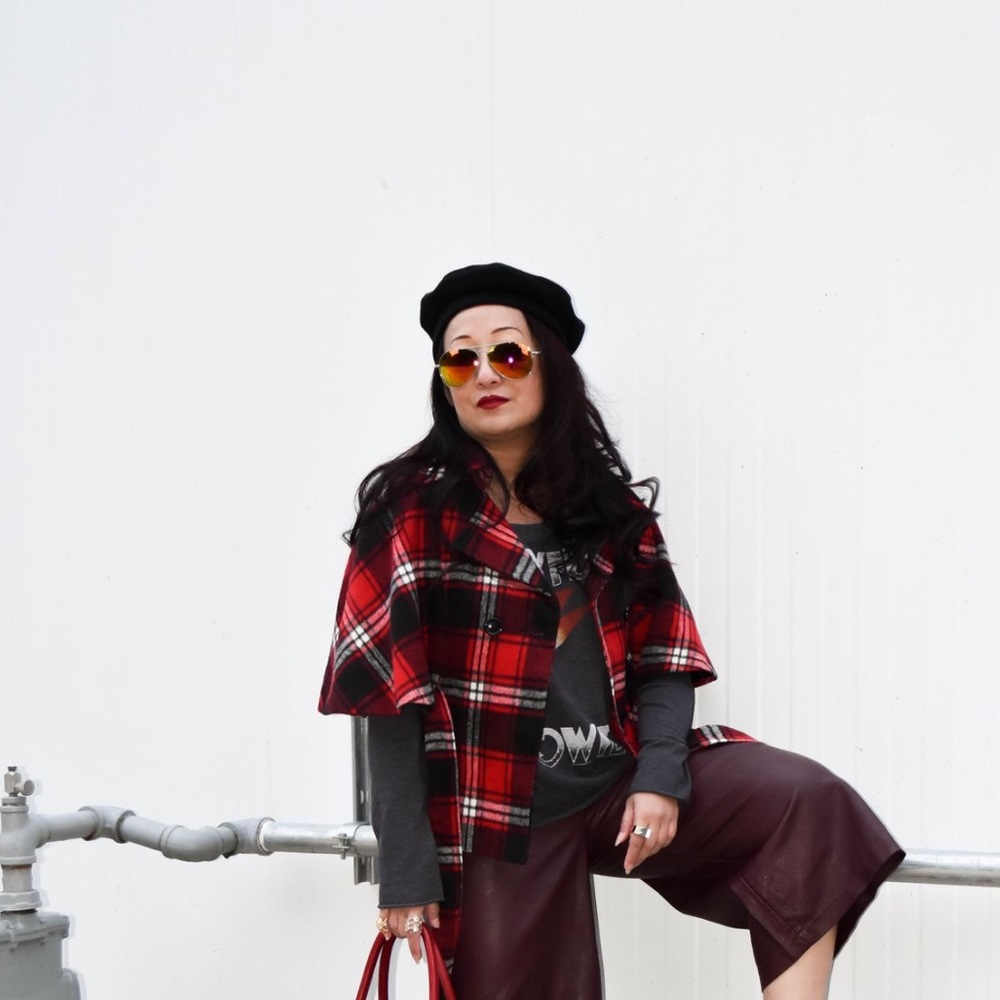 Red Black White Plaid Cape Jacket